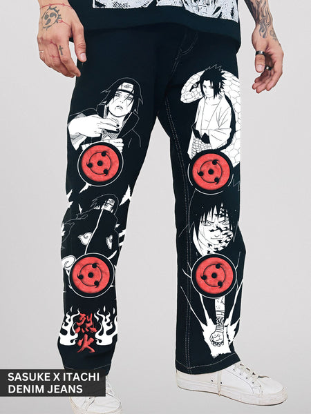 Sasuke X Itachi Uchiha: Printed Naruto Black Denim Jeans