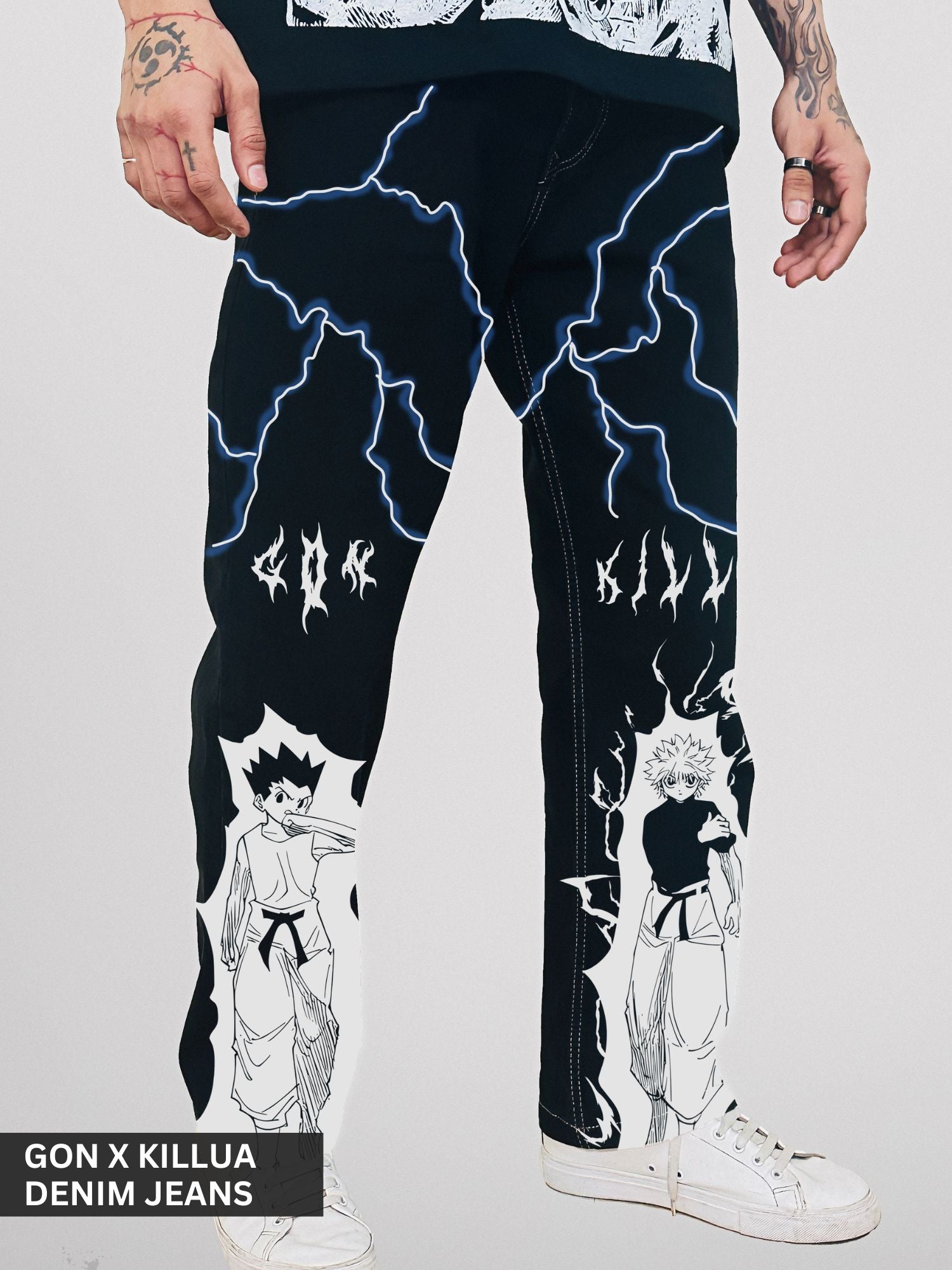 Gon x Killua Lightning: Printed Hunter x Hunter Black Denim Jeans